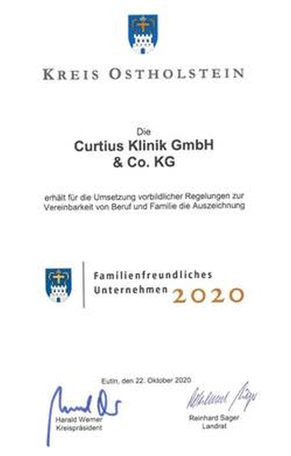 Curtius Klinik wieder zum familienfreundlichen Unternehmen 2020 ausgezeichnet